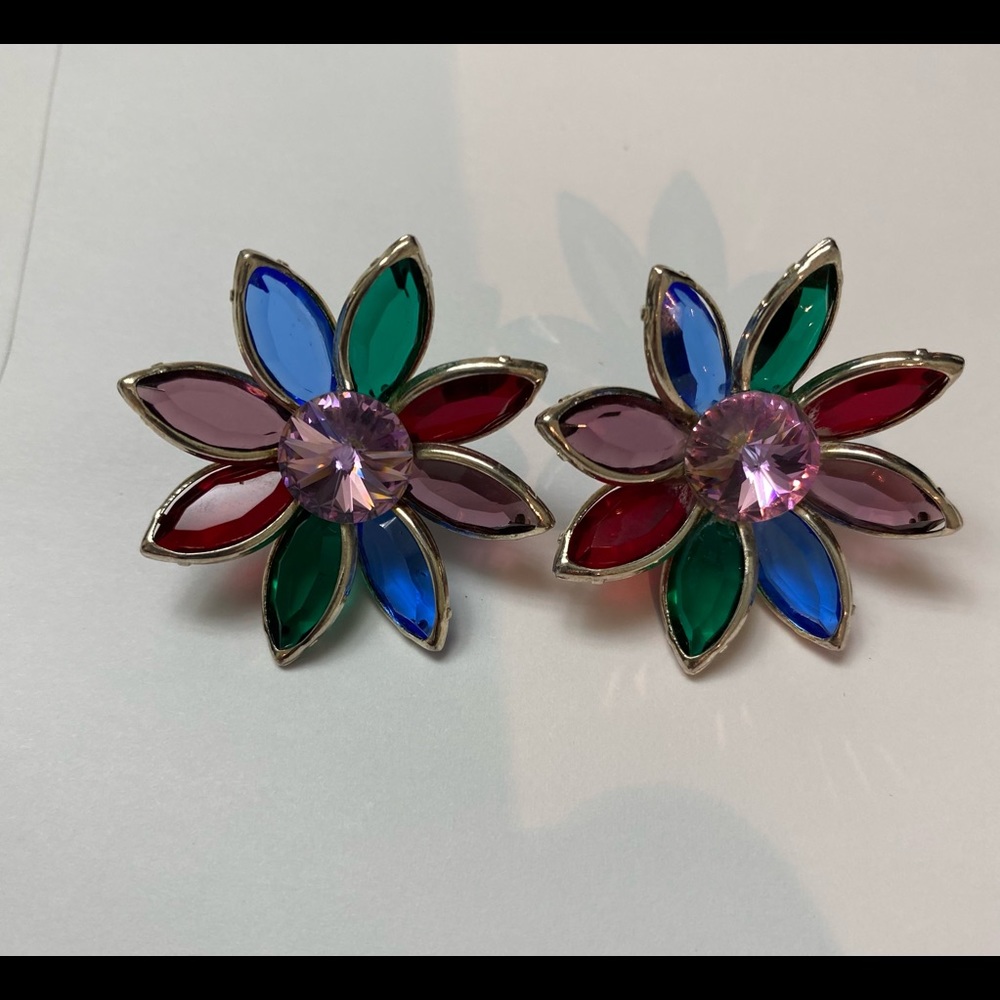 VINTAGE 1980’s MULTICOLOURED CRYSTAL FLOWER EARRINGS FOR PIERCED EARS - Picture 4 of 6